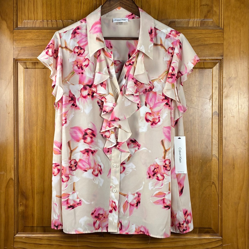 Calvin Klein Pink Orchid Floral Ruffle Front Blouse Flutter Sleeve 1X NWT